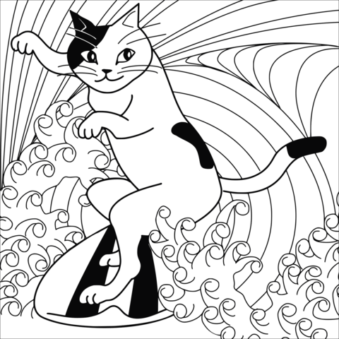 Cat The Surfer Coloring Page